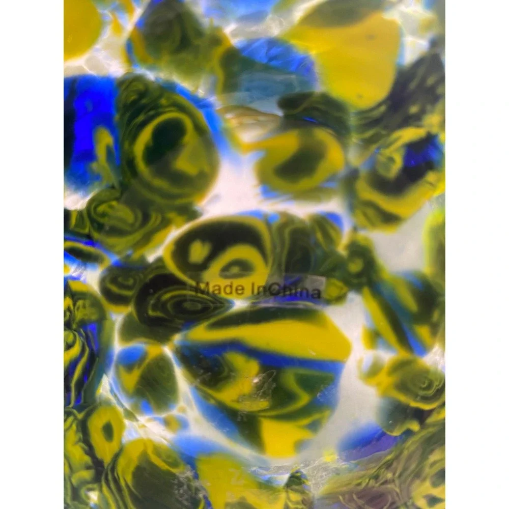 Hand Blown Art Glass Vase Round Confetti Swirl Green Yellow Blue 7 Inch